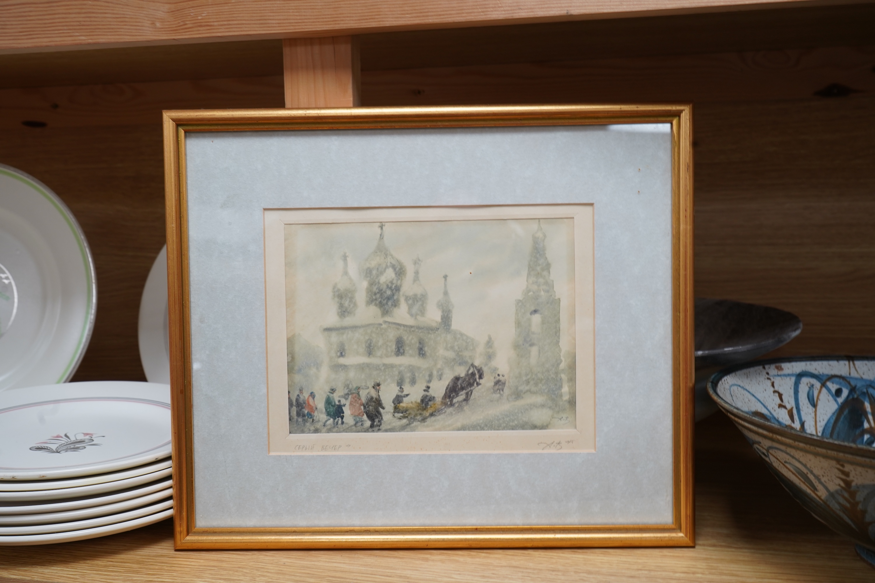 A collection of small Russian watercolours to include: Figures in the snow and palaces, some signed with monogram 'AB', largest 17 x 22cm (8)